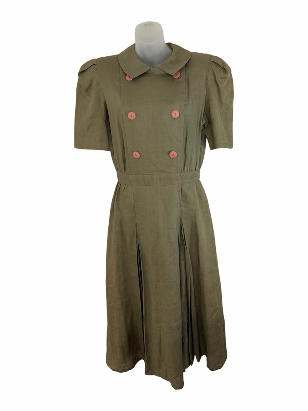 Vintages Le CrillonxNeiman Marcus 100% Linen Olive Green Double Breasted 12 Midi